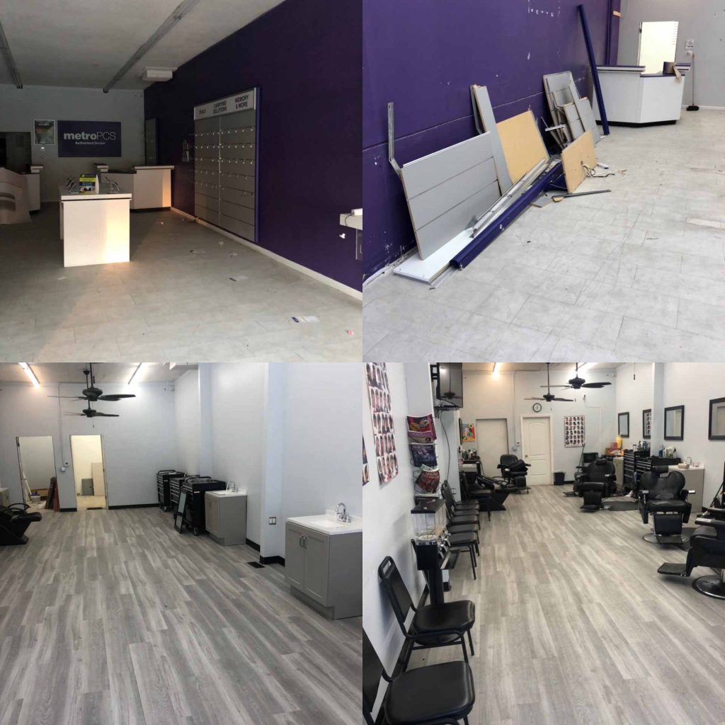 A series of four photos showing the transformation of an old MetroPCS cell phone store in to a barber shop