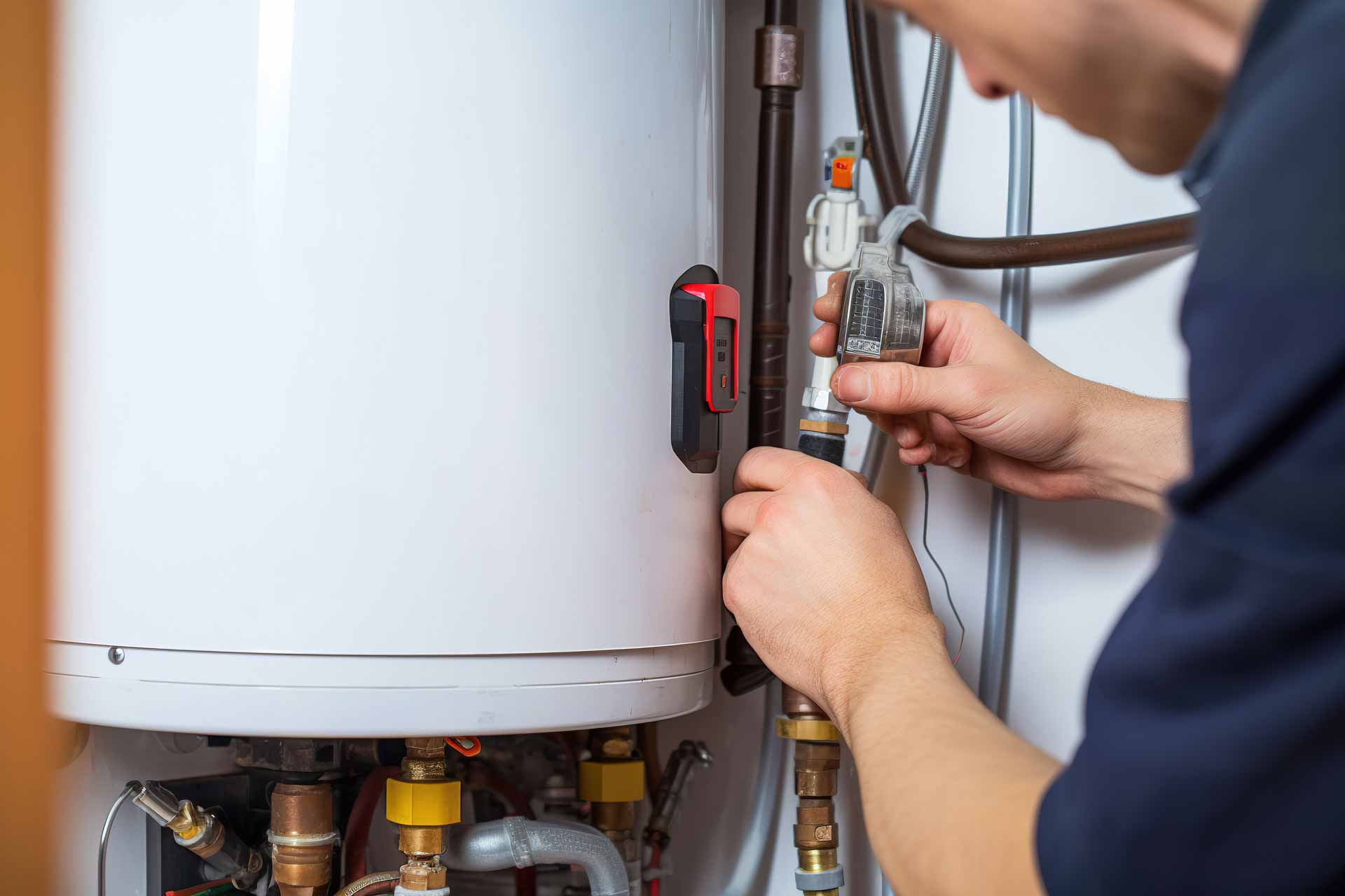Technician repairs a water heater
